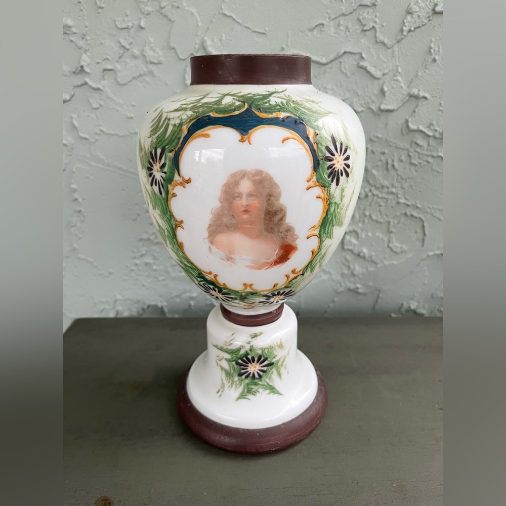 BRISTOL Antique Victorian Opalina Glass Portrait Vase (H: 11”)